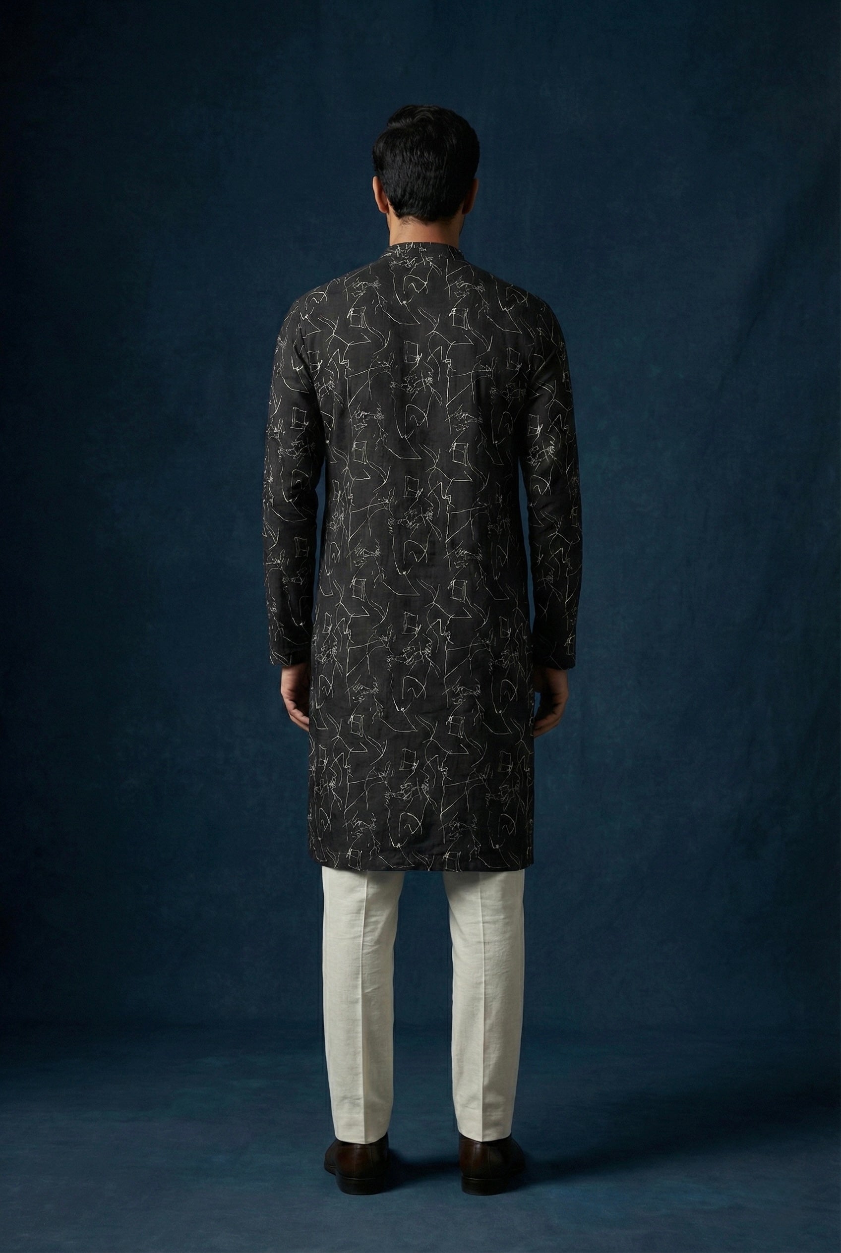 Black Abstract Printed 100% Pure Linen Kurta for Men