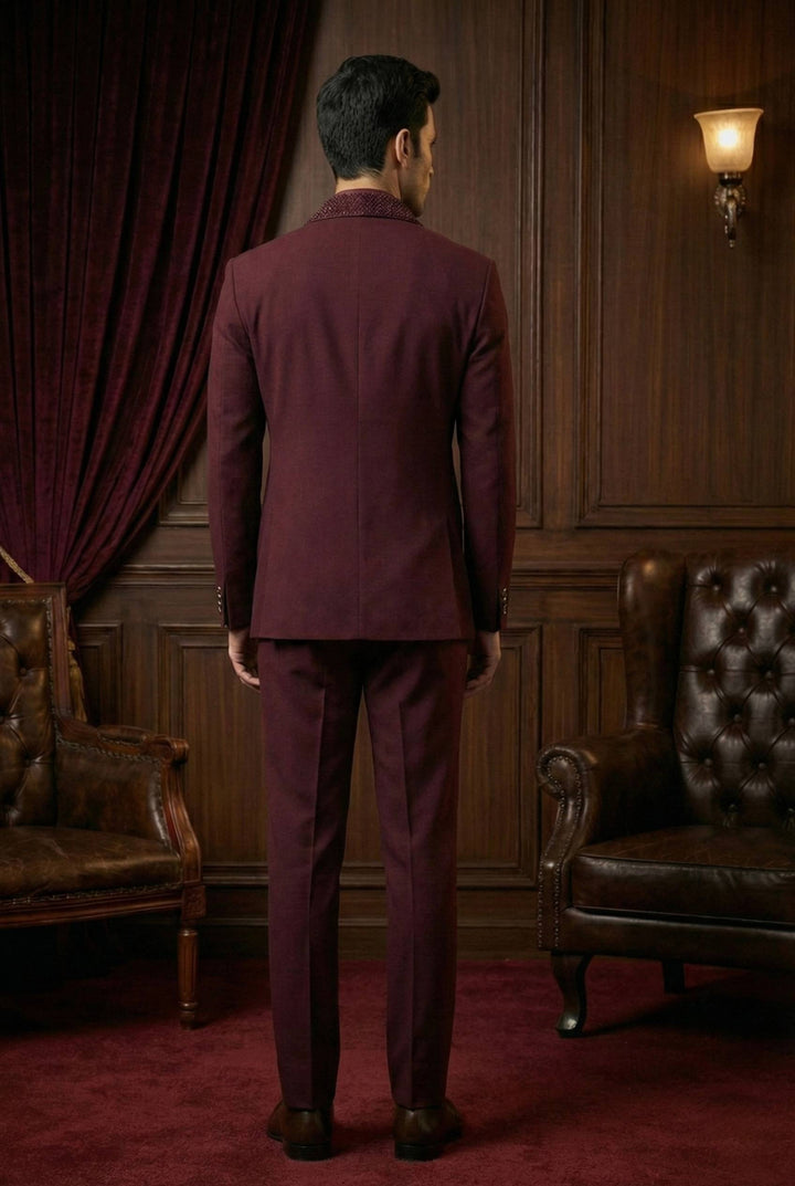 Abees Maroon solid double-breasted tuxedo jacket and trousers - side view