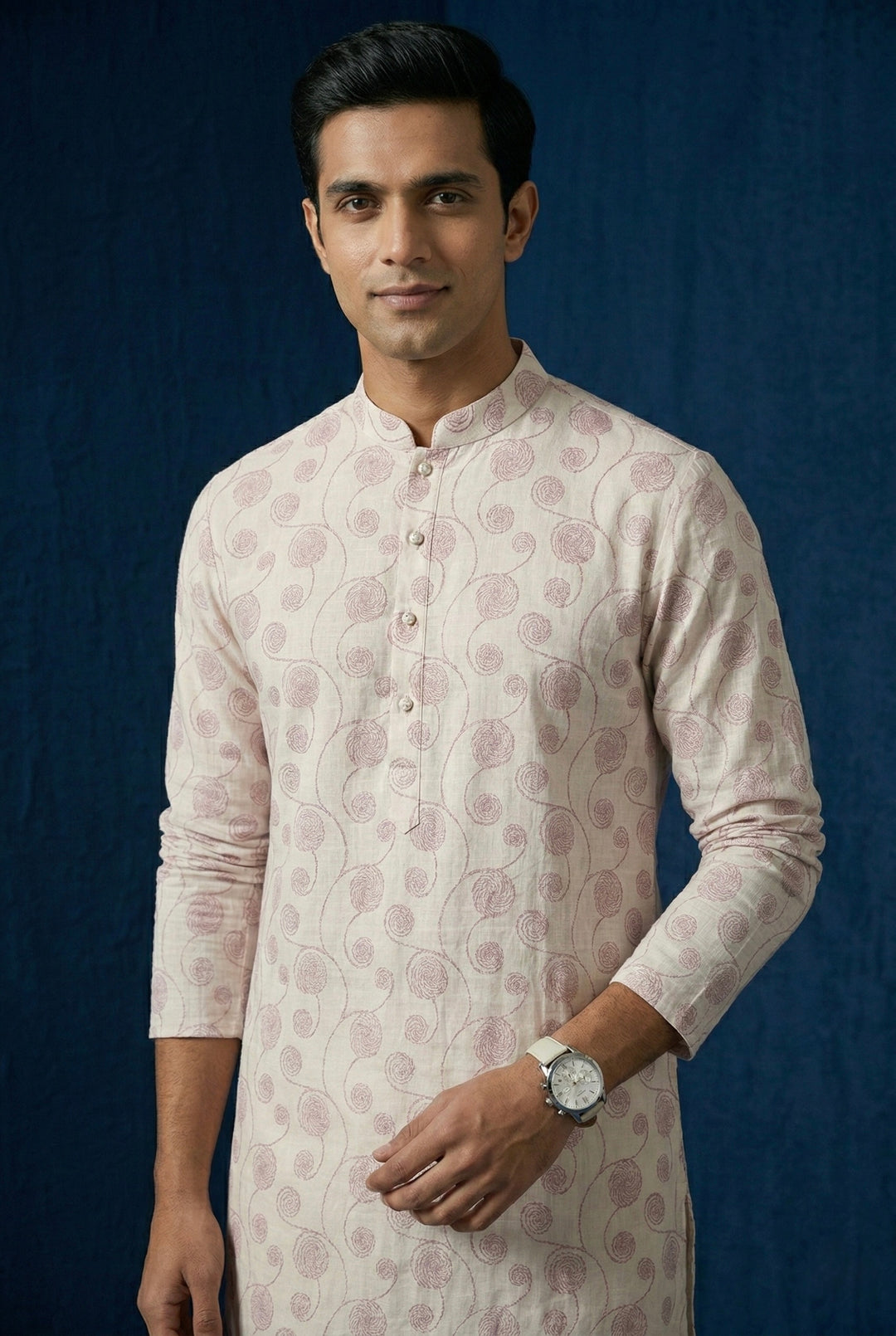 Ivory Printed 100% Linen Kurta with Trousers