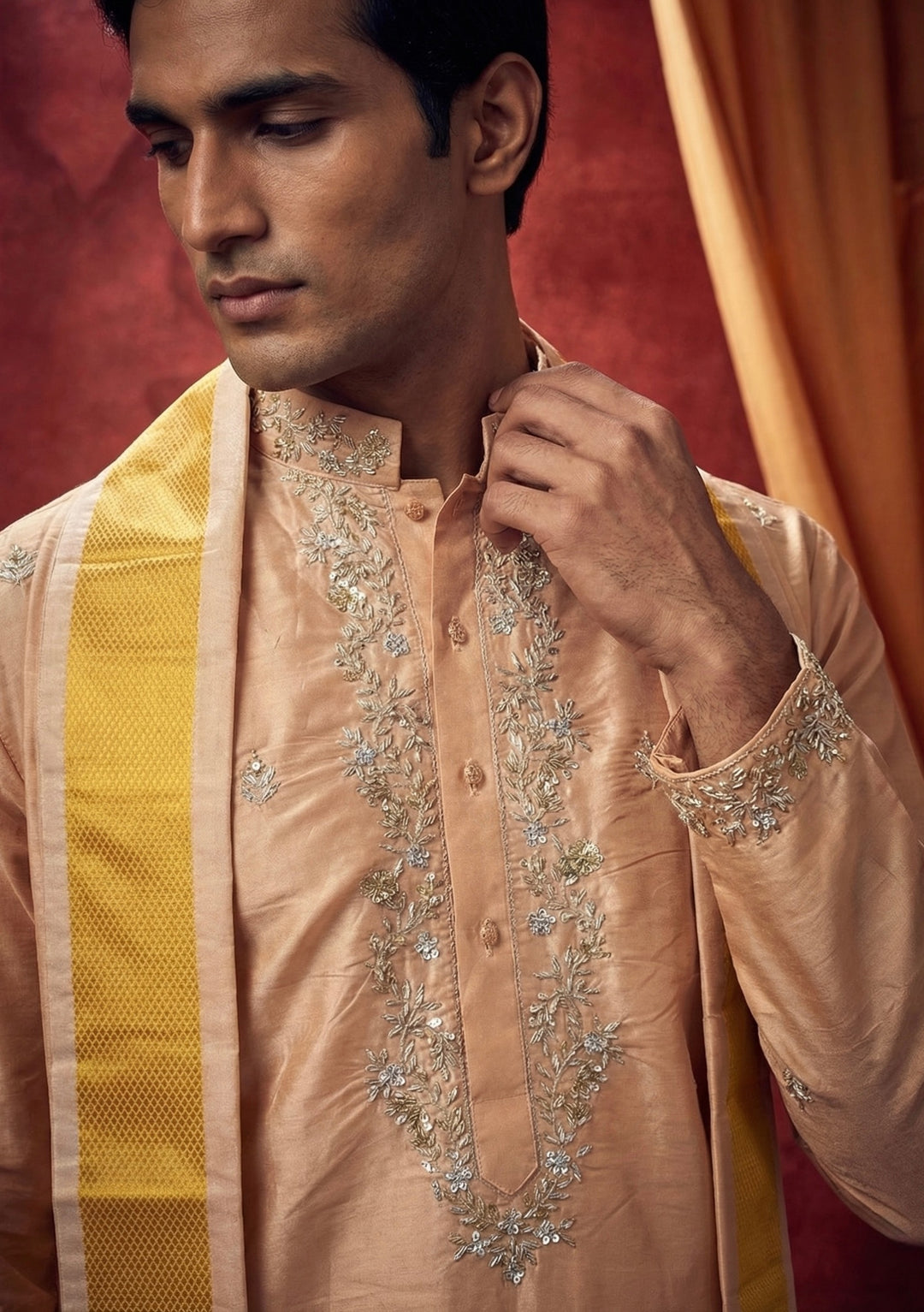 Abees Peach silk embroidered pattu kurta set with dhoti and angavastram - side view
