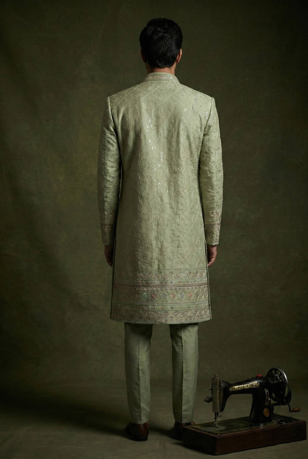 Abees Green embroidered layered sherwani set - side view