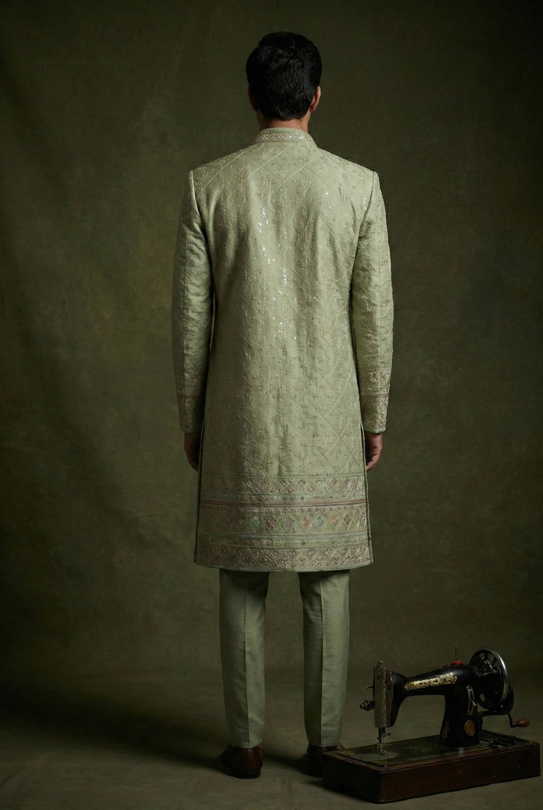 Abees Green embroidered layered sherwani set - side view