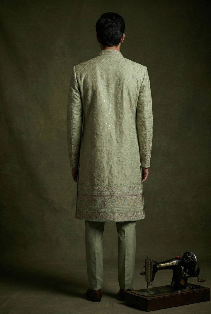 Abees Green embroidered layered sherwani set - side view