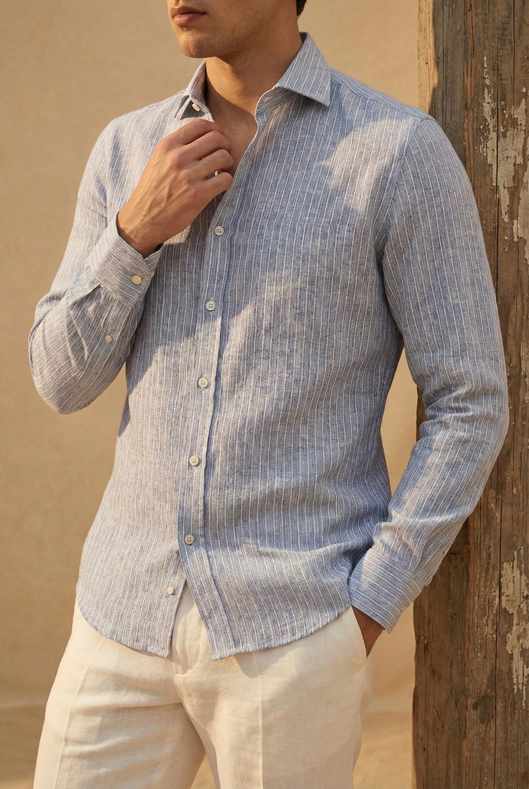 Sky Blue Striped Pure Linen Shirt for Men