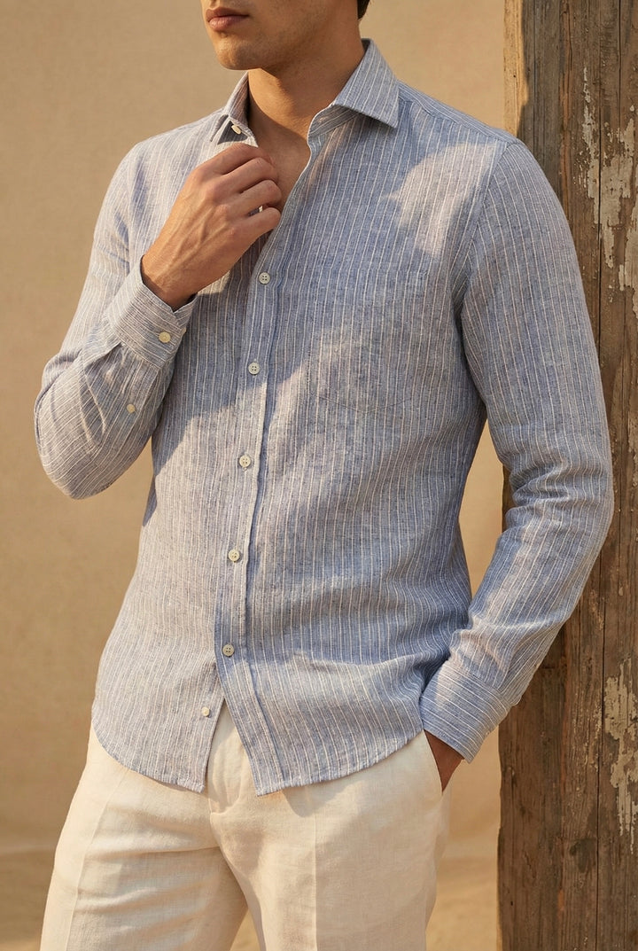 Sky Blue Striped Pure Linen Shirt for Men