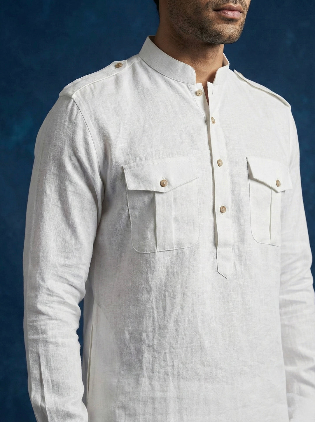 Abees White linen solid kurta set - back view