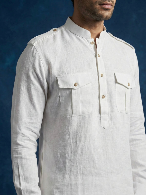 Abees White linen solid kurta set - back view