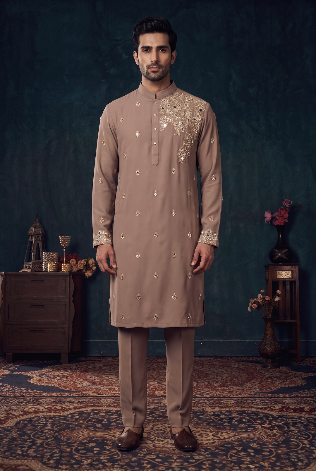 Taupe Mirror-Work &amp; Zardosi Kurta Set