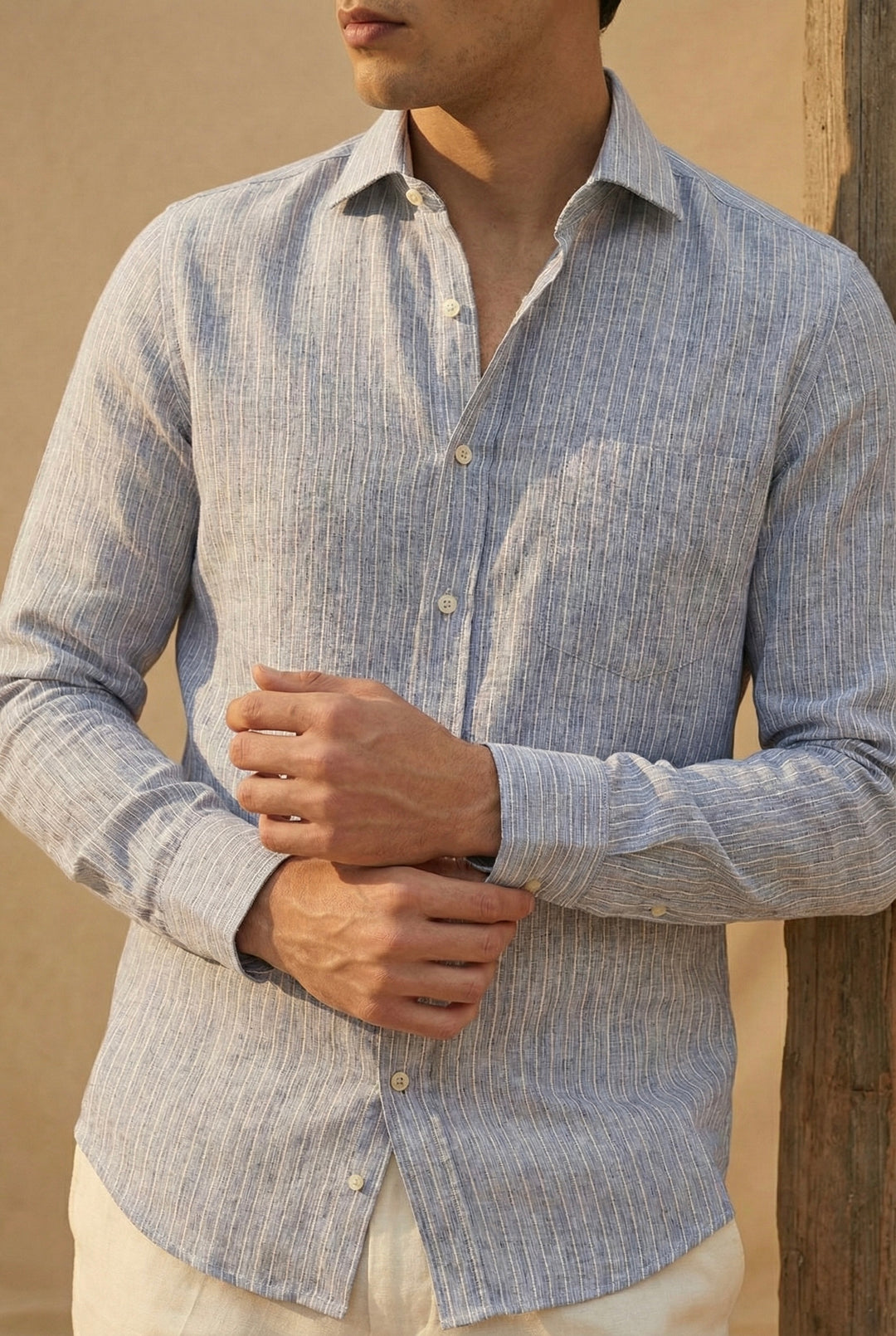 Sky Blue Striped Pure Linen Shirt for Men
