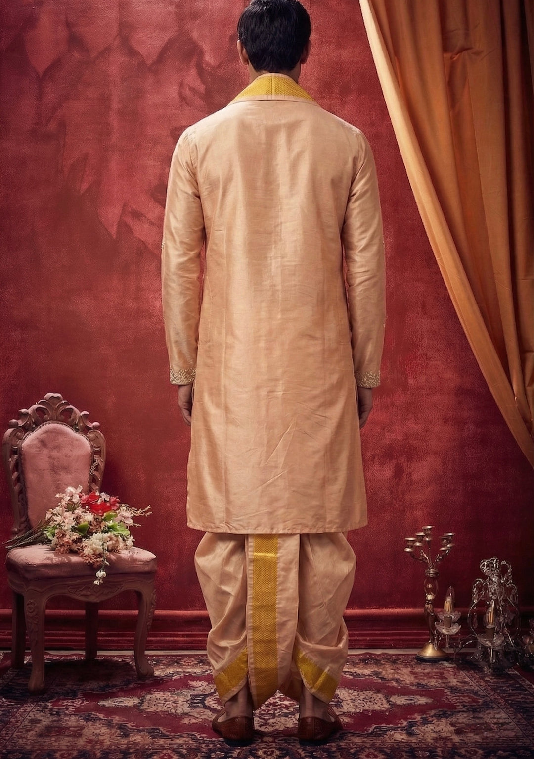 Abees Peach silk embroidered pattu kurta set with dhoti and angavastram - detail view 1