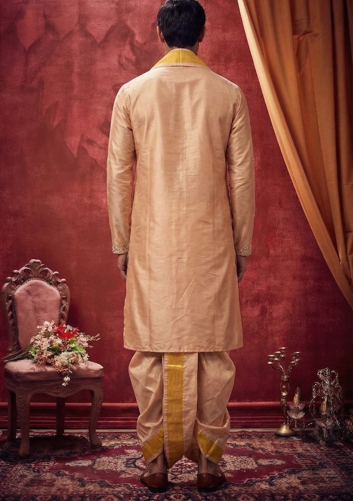 Abees Peach silk embroidered pattu kurta set with dhoti and angavastram - detail view 1