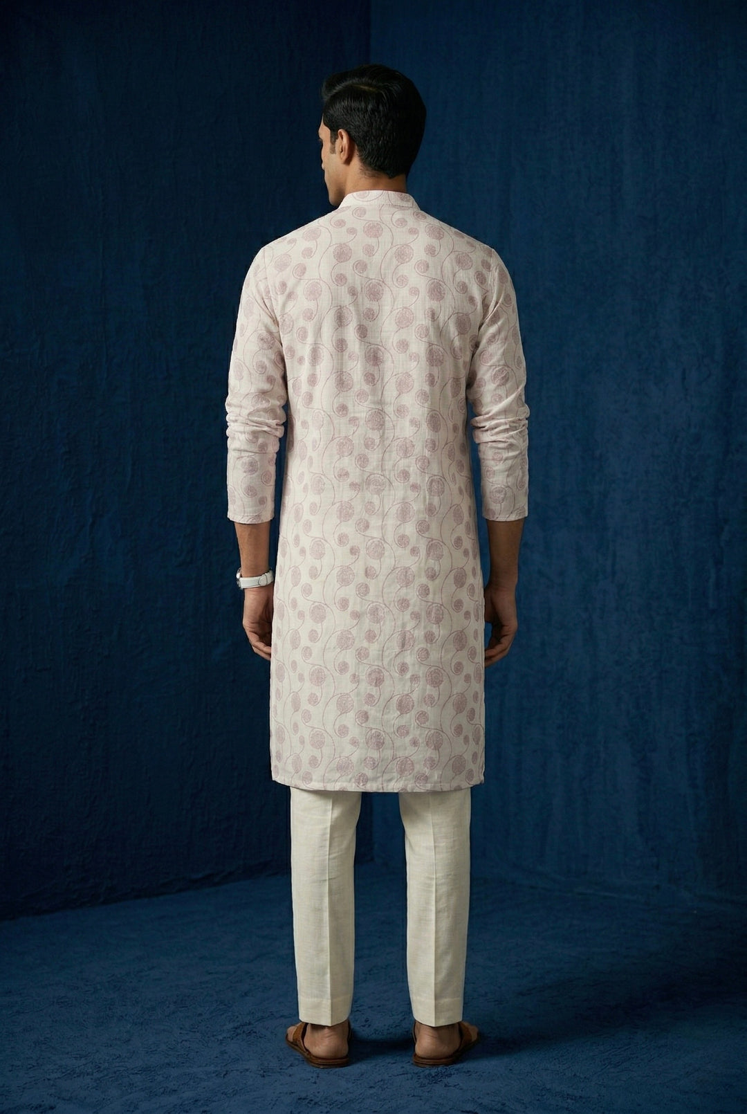 Ivory Printed 100% Linen Kurta with Trousers