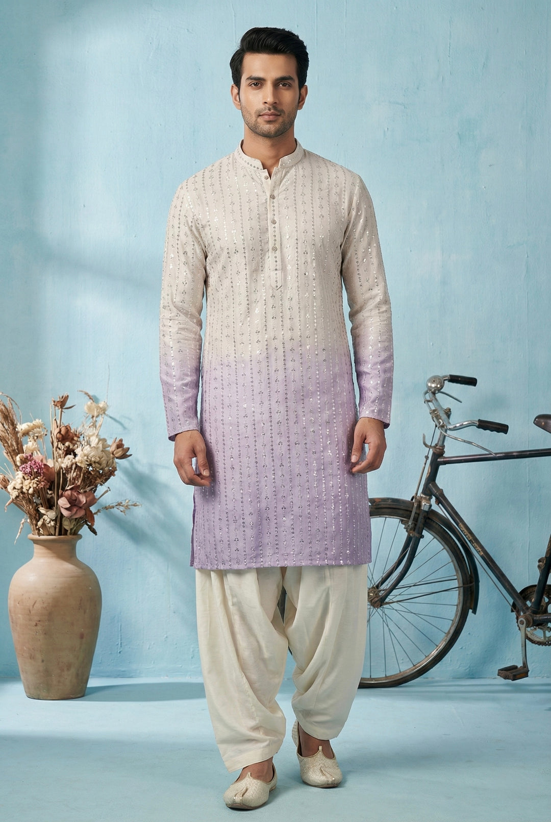 Abees Ivory to lavender ombre embroidered kurta set - front view