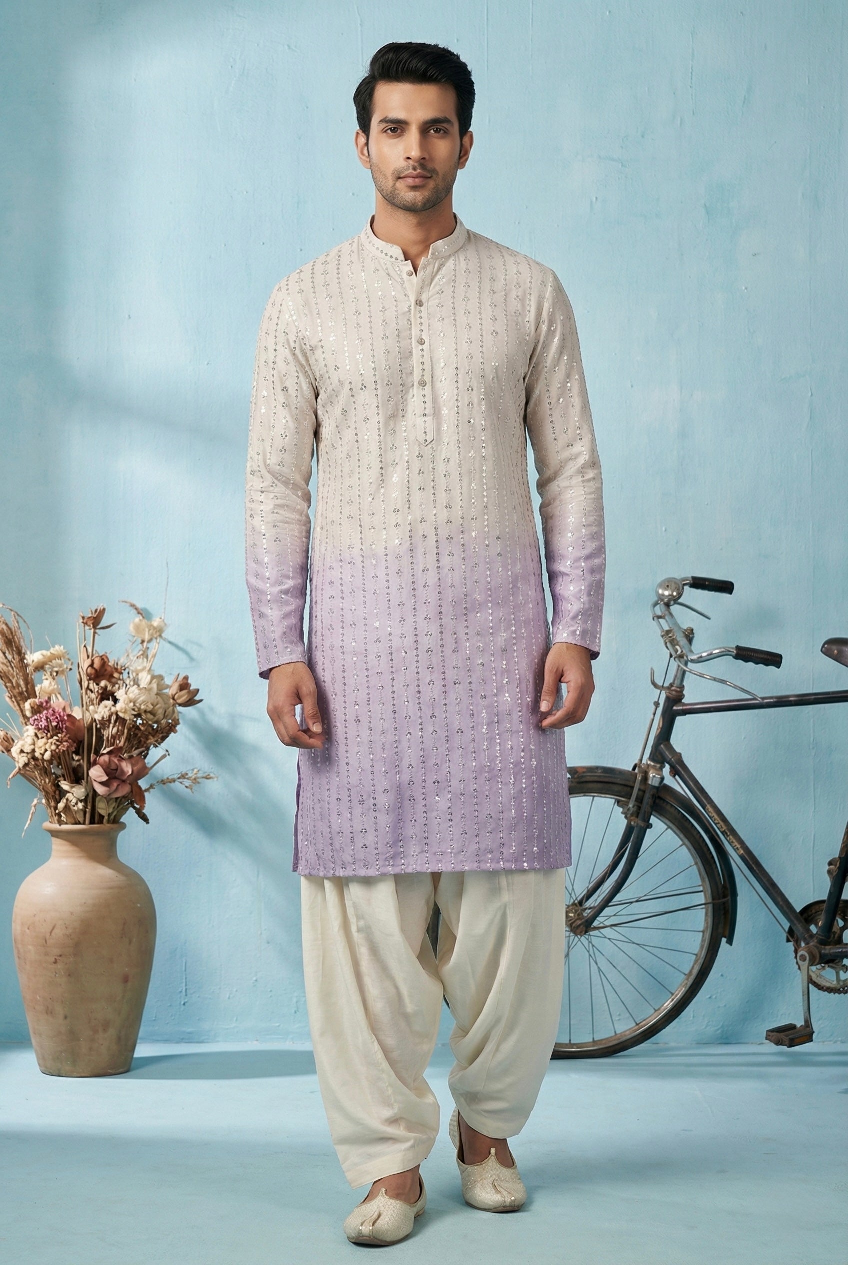 Ivory to Lavender Ombre Embroidered Kurta Set for Men