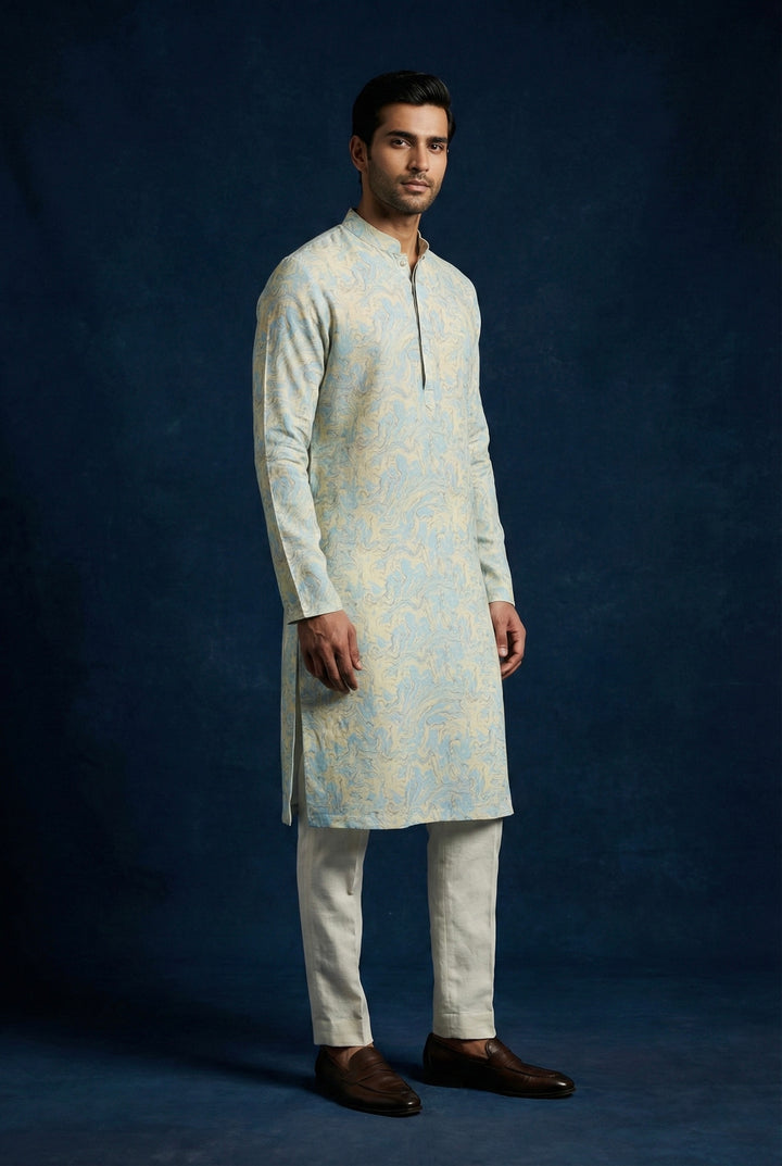 Abees Blue linen abstract printed kurta for men - front view