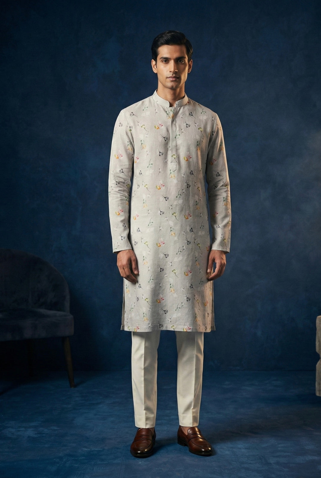 Grey Multicolor Floral Printed 100% Linen Kurta with Trousers