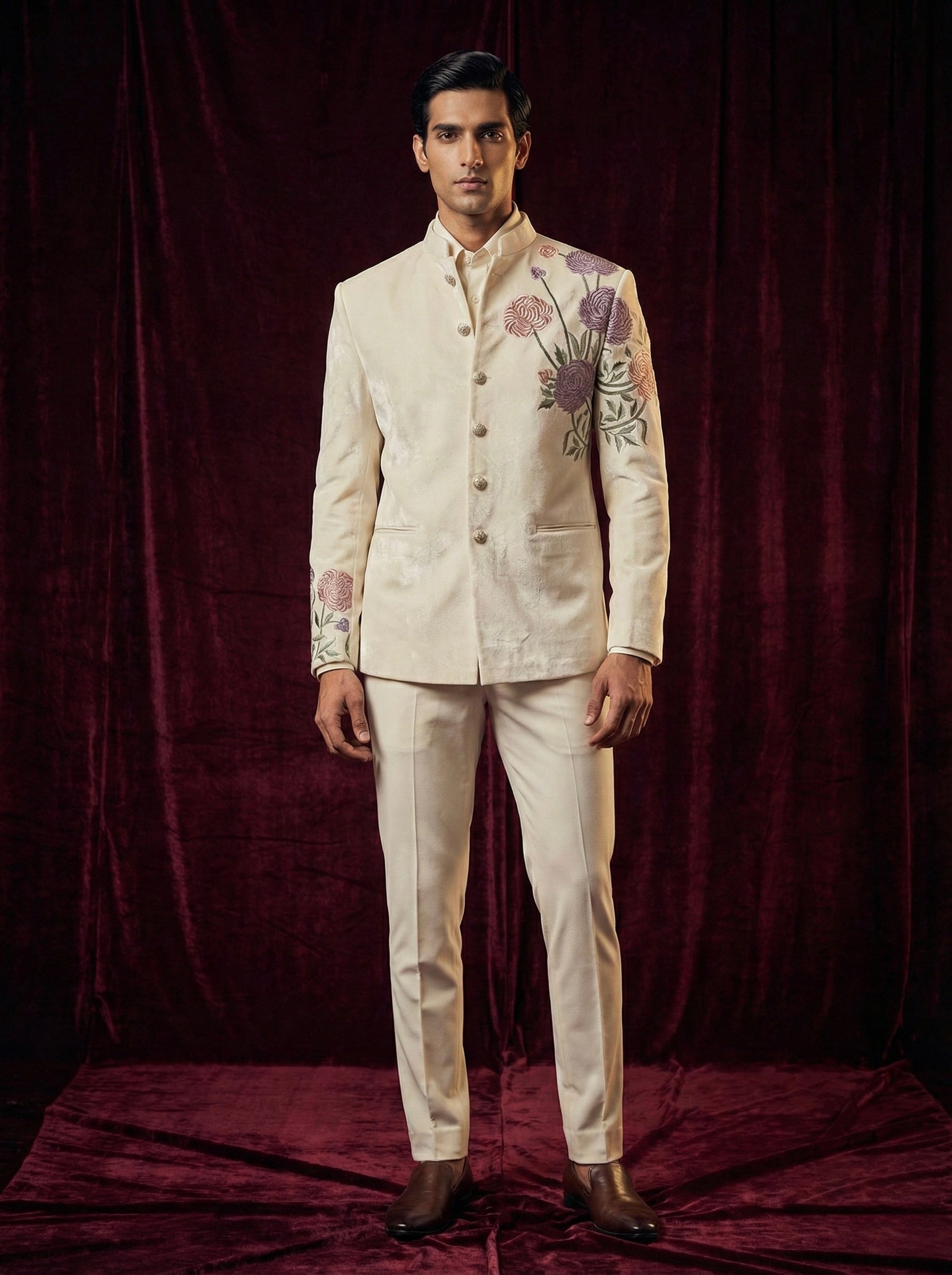 Ivory Floral Embroidered Indo-Western Bandhgala Suit