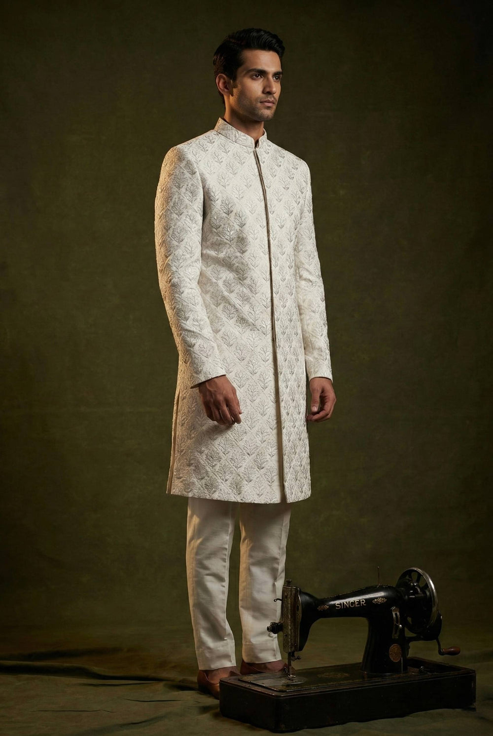 Abees Beige embroidered sherwani set - front view