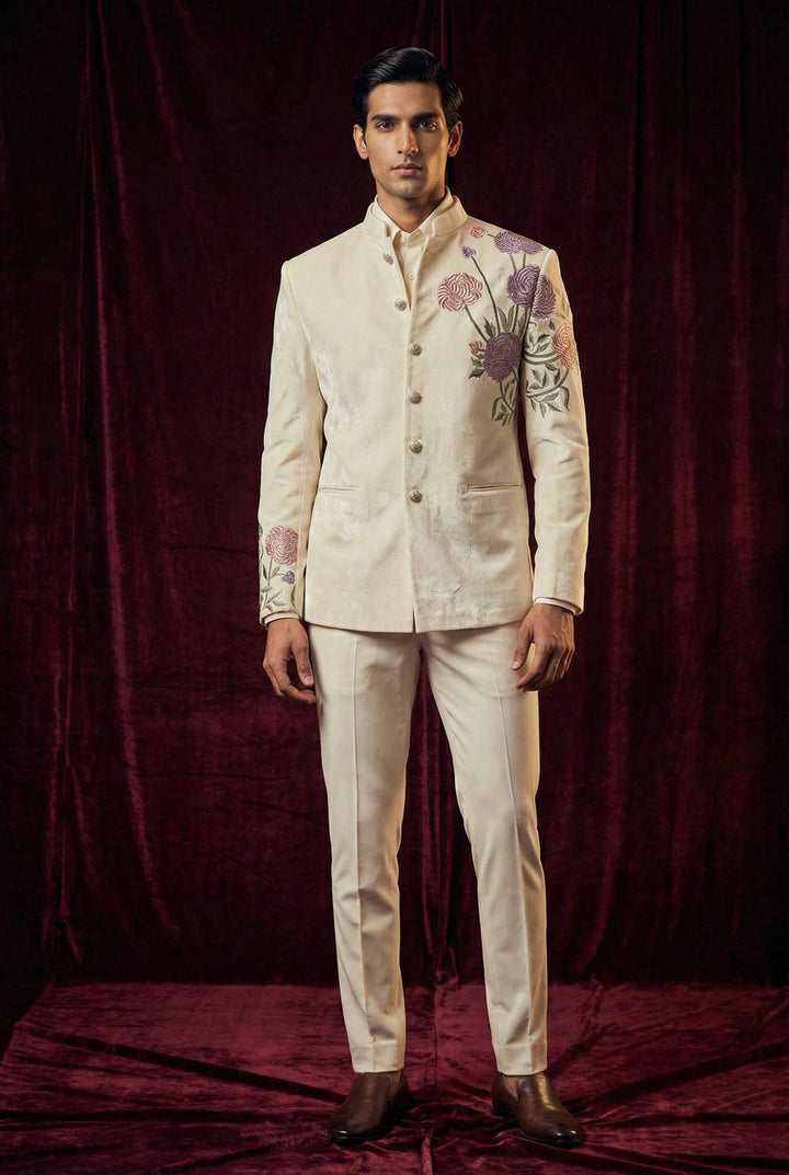Abees White floral embroidered bandhgala suit - front view