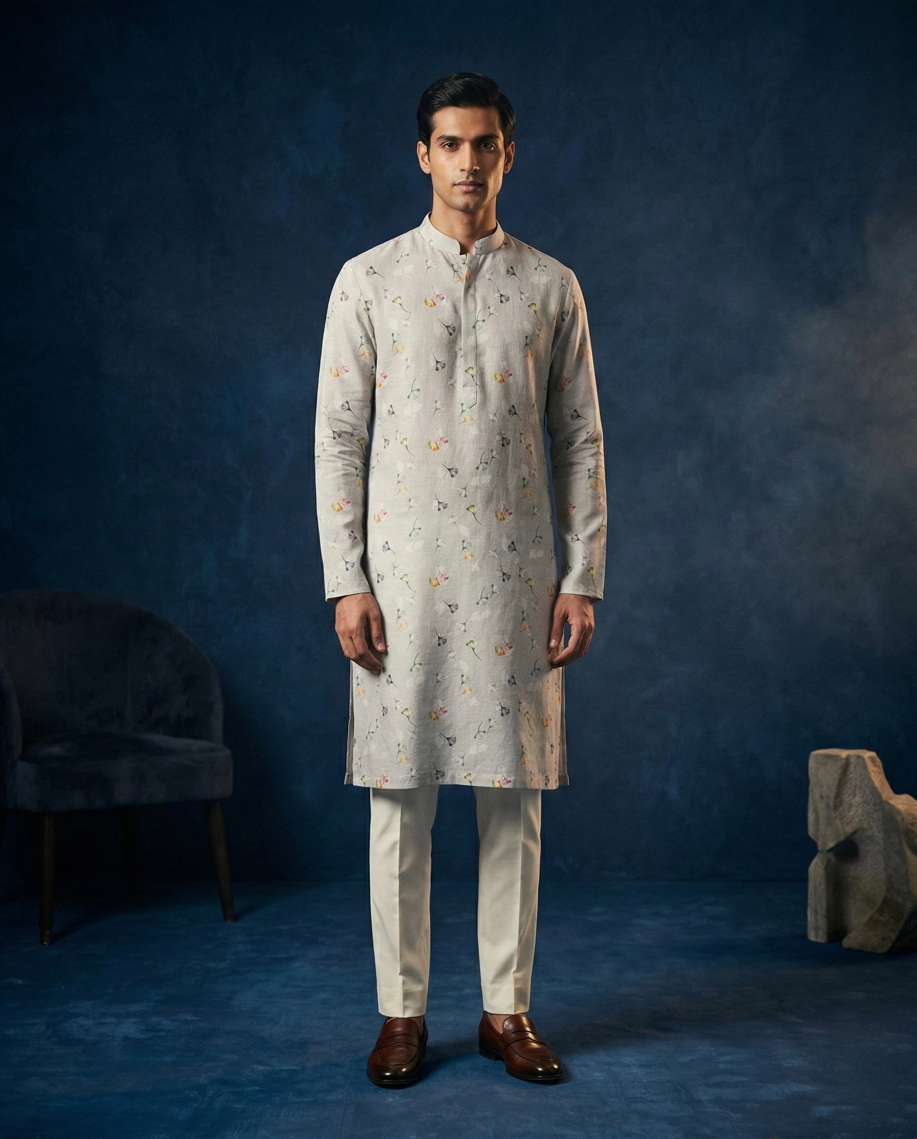 Ivory Multicolor Floral Printed 100% Linen Kurta with Trousers