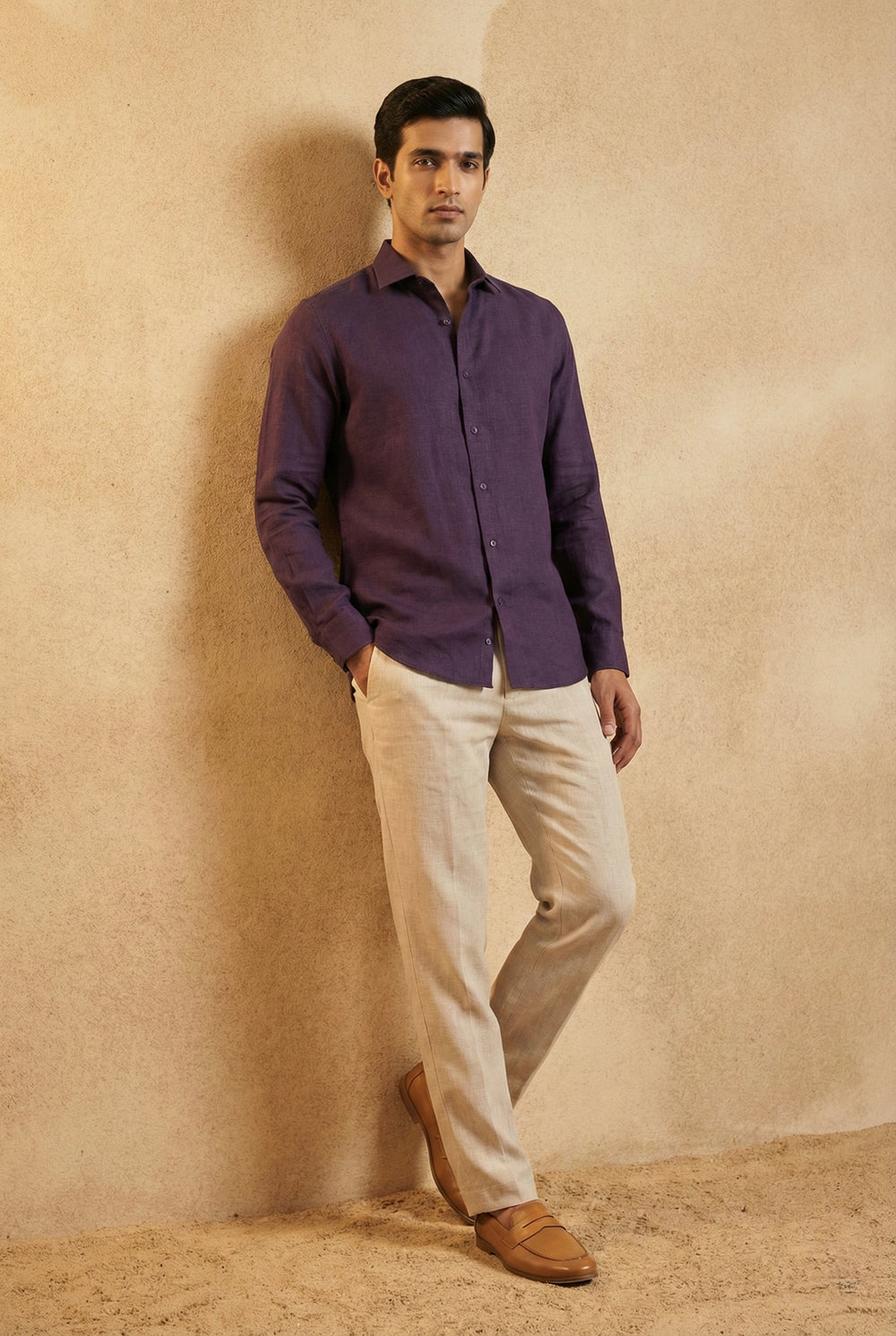 Abees Purple linen solid shirt - front view