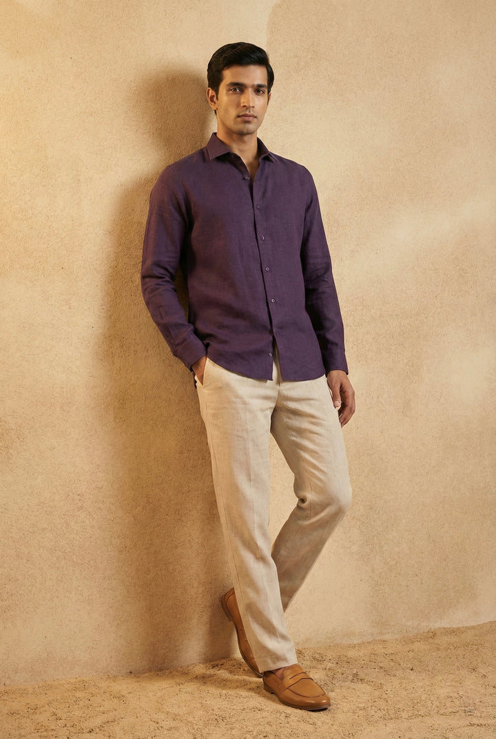 Royal Plum Pure Linen Shirt for Men