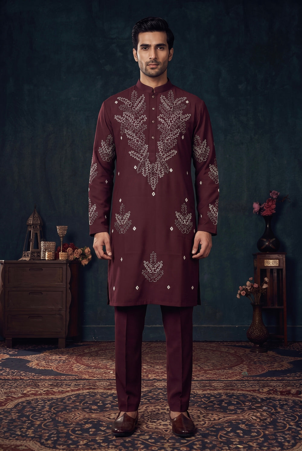 Burgundy Embroidered Kurta Set