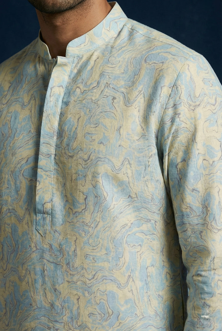 Abees Blue linen abstract printed kurta for men - back view