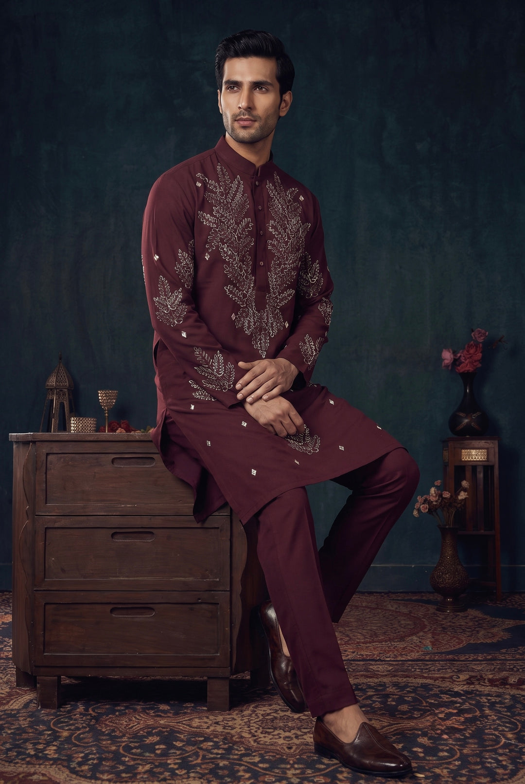 Burgundy Embroidered Kurta Set