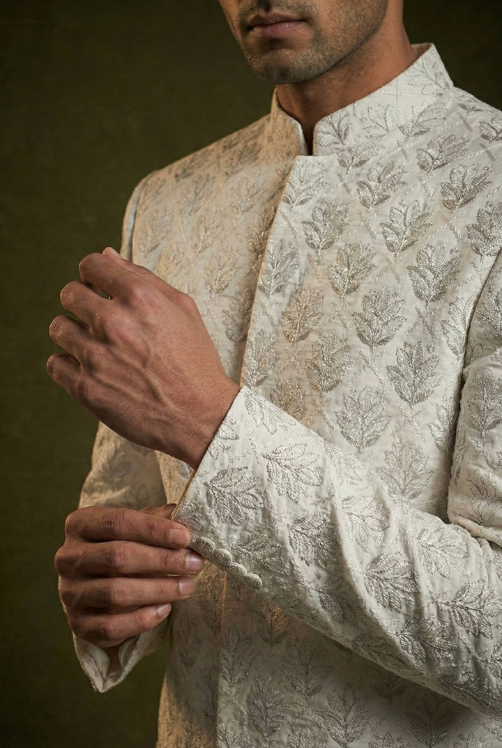Abees Beige embroidered sherwani set - back view
