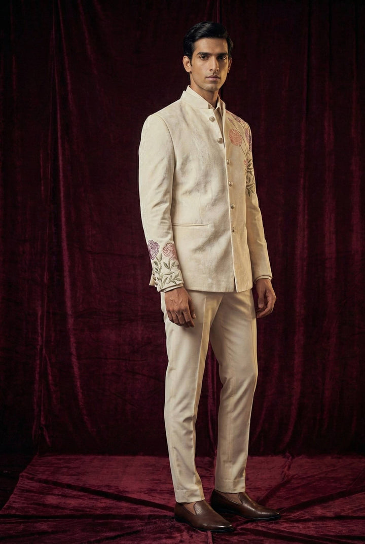 Abees White floral embroidered bandhgala suit - side view