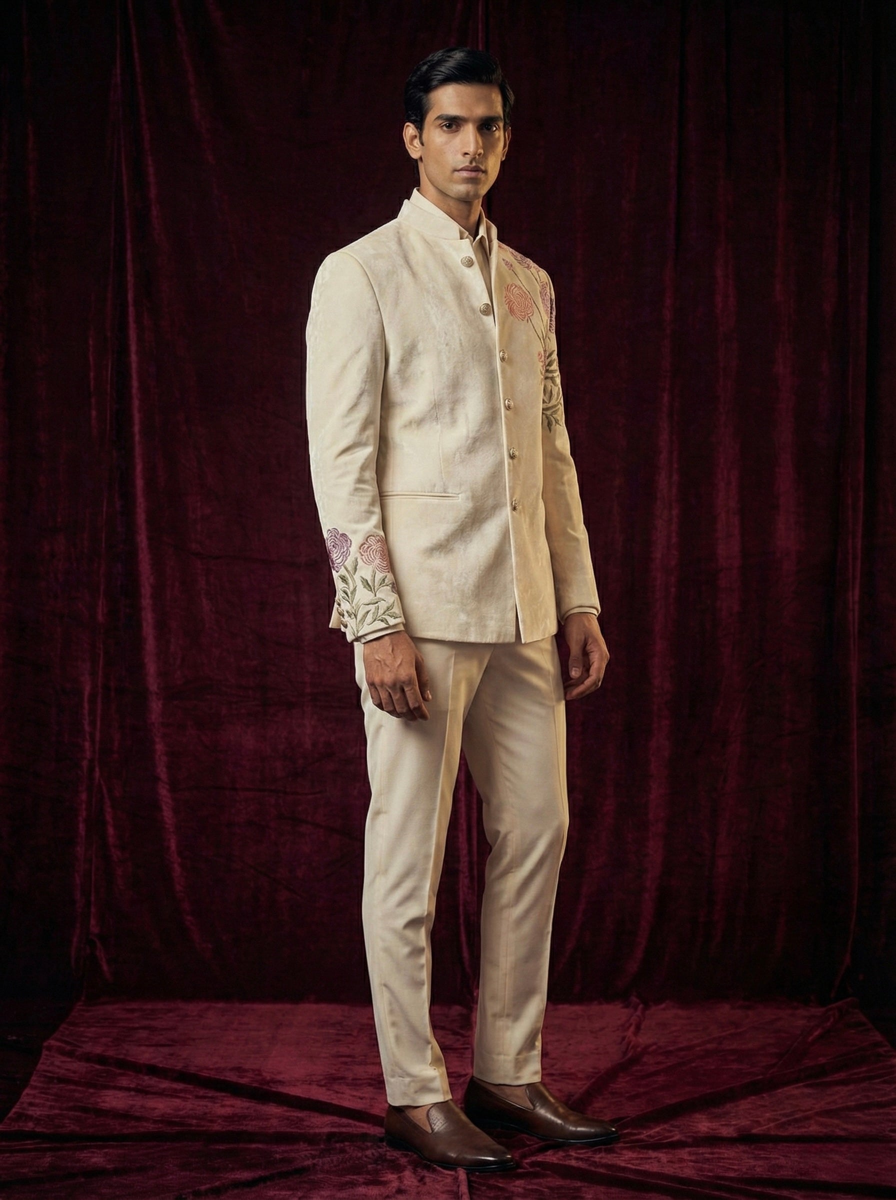 Ivory Floral Embroidered Indo-Western Bandhgala Suit