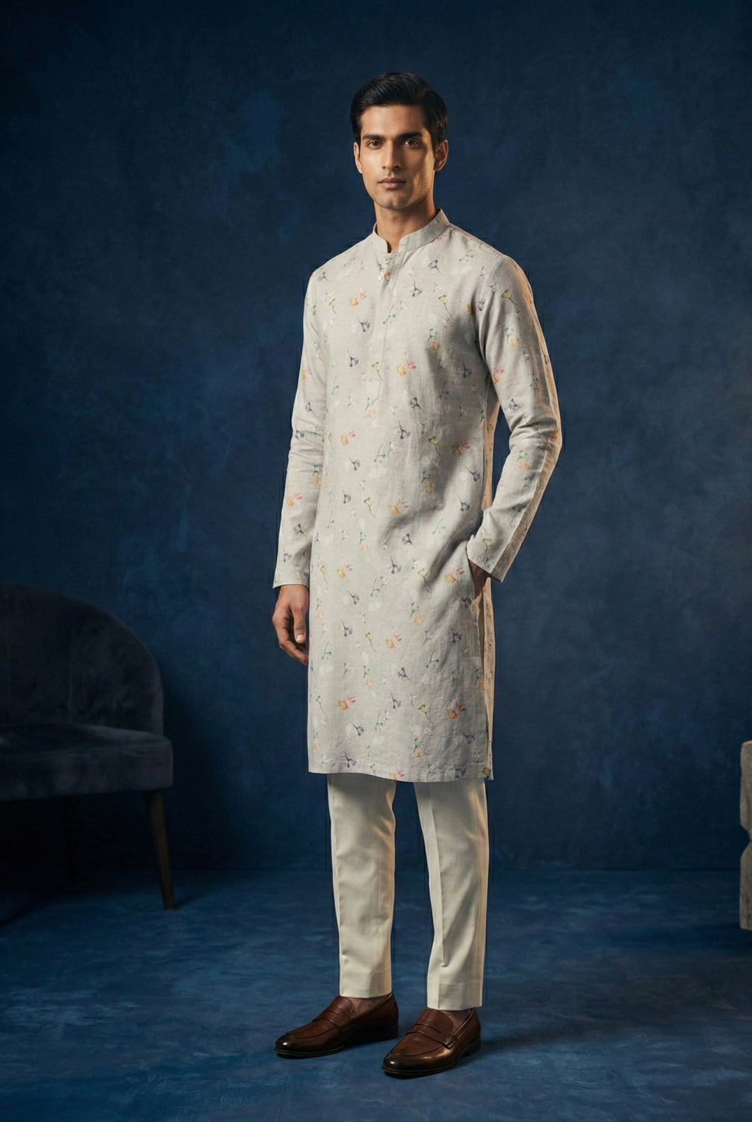 Grey Multicolor Floral Printed 100% Linen Kurta with Trousers