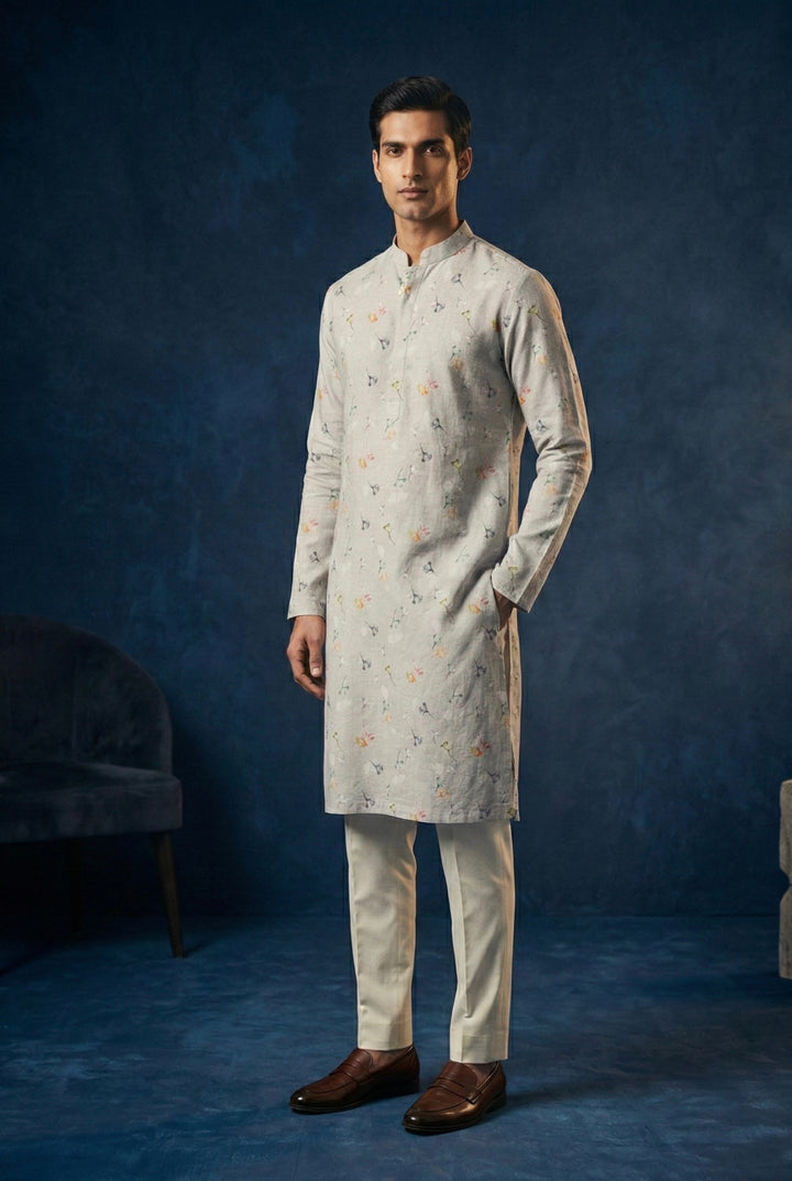 Grey Multicolor Floral Printed 100% Linen Kurta with Trousers