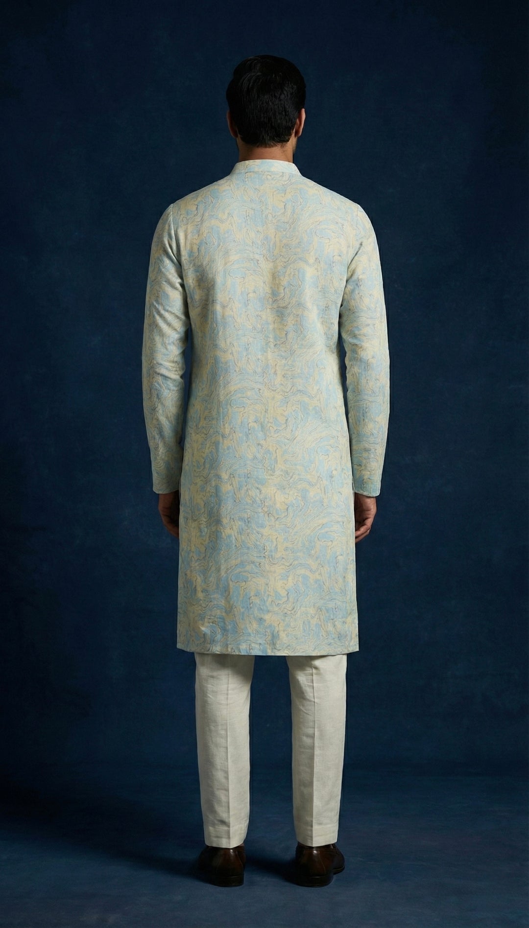 Abees Blue linen abstract printed kurta for men - side view