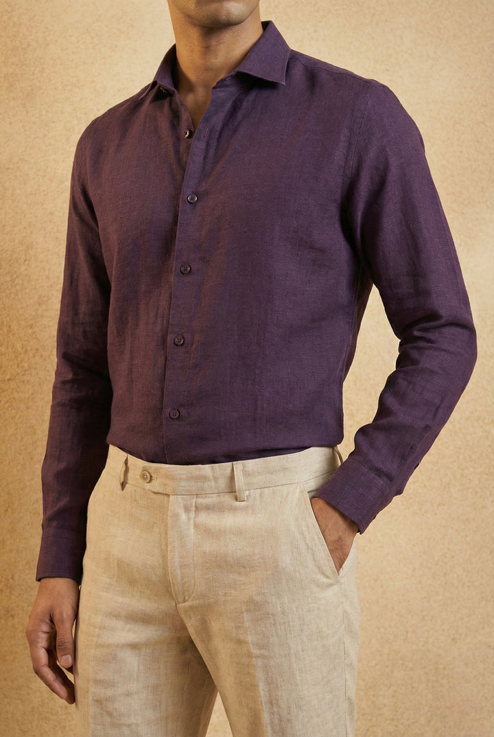 Royal Plum Pure Linen Shirt for Men