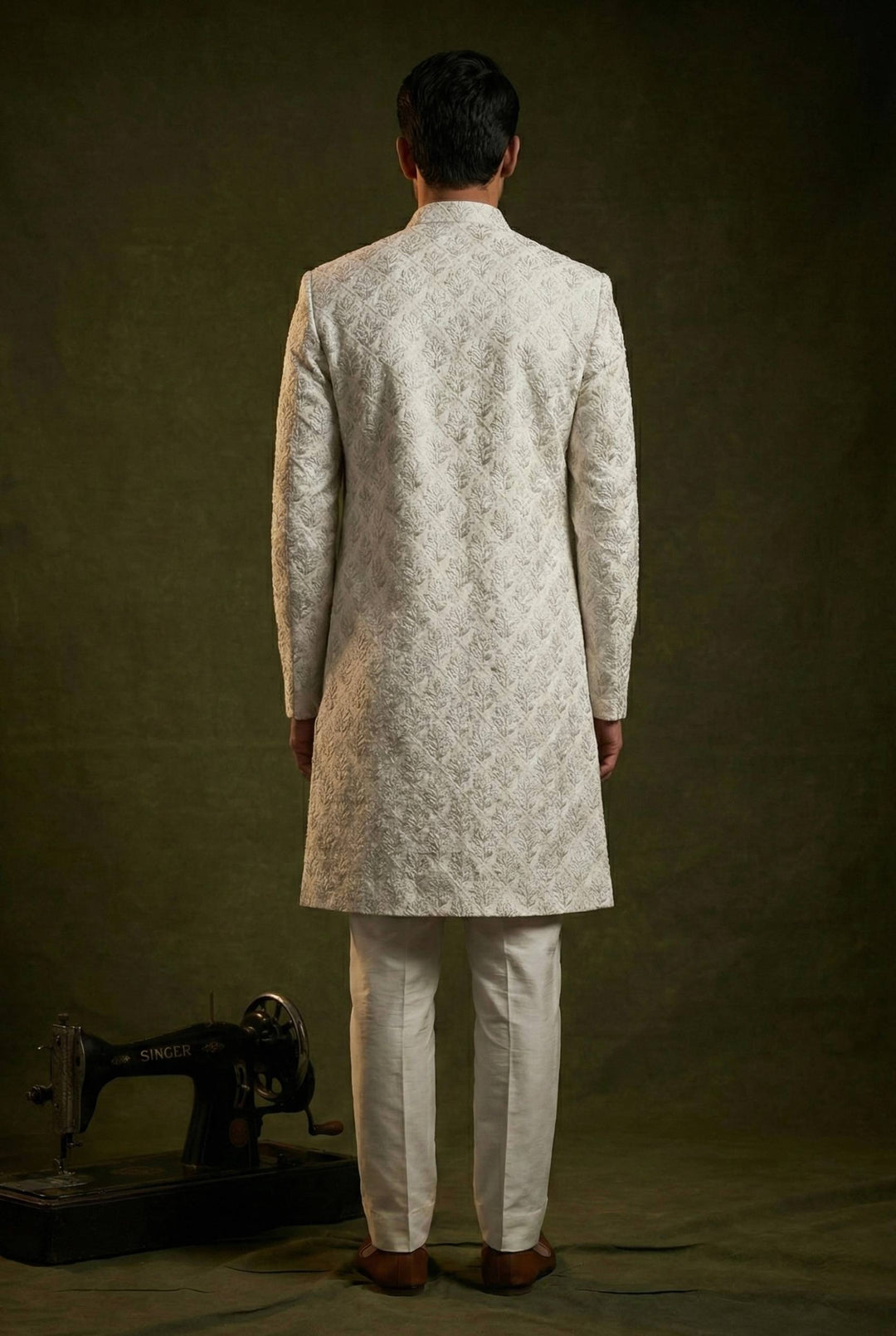 Abees Beige embroidered sherwani set - side view