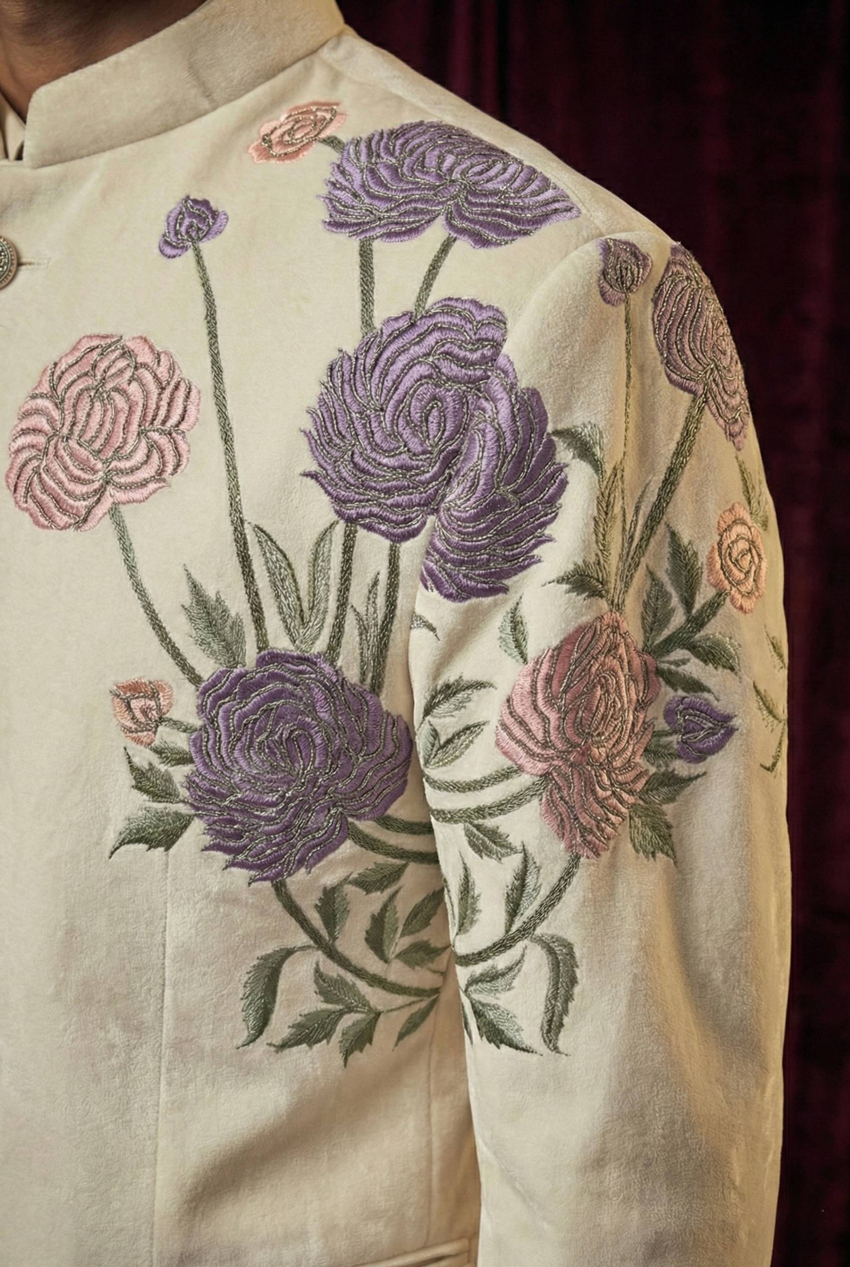 Ivory Floral Embroidered Indo-Western Bandhgala Suit