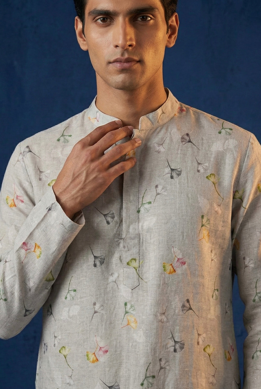 Grey Multicolor Floral Printed 100% Linen Kurta with Trousers