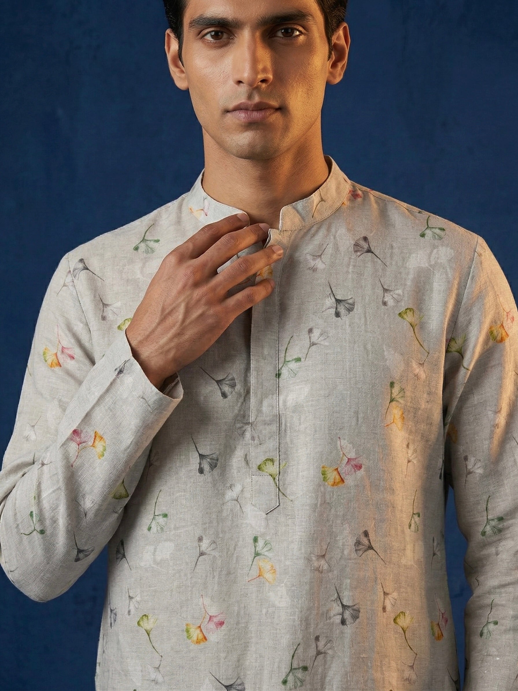 Ivory Multicolor Floral Printed 100% Linen Kurta with Trousers