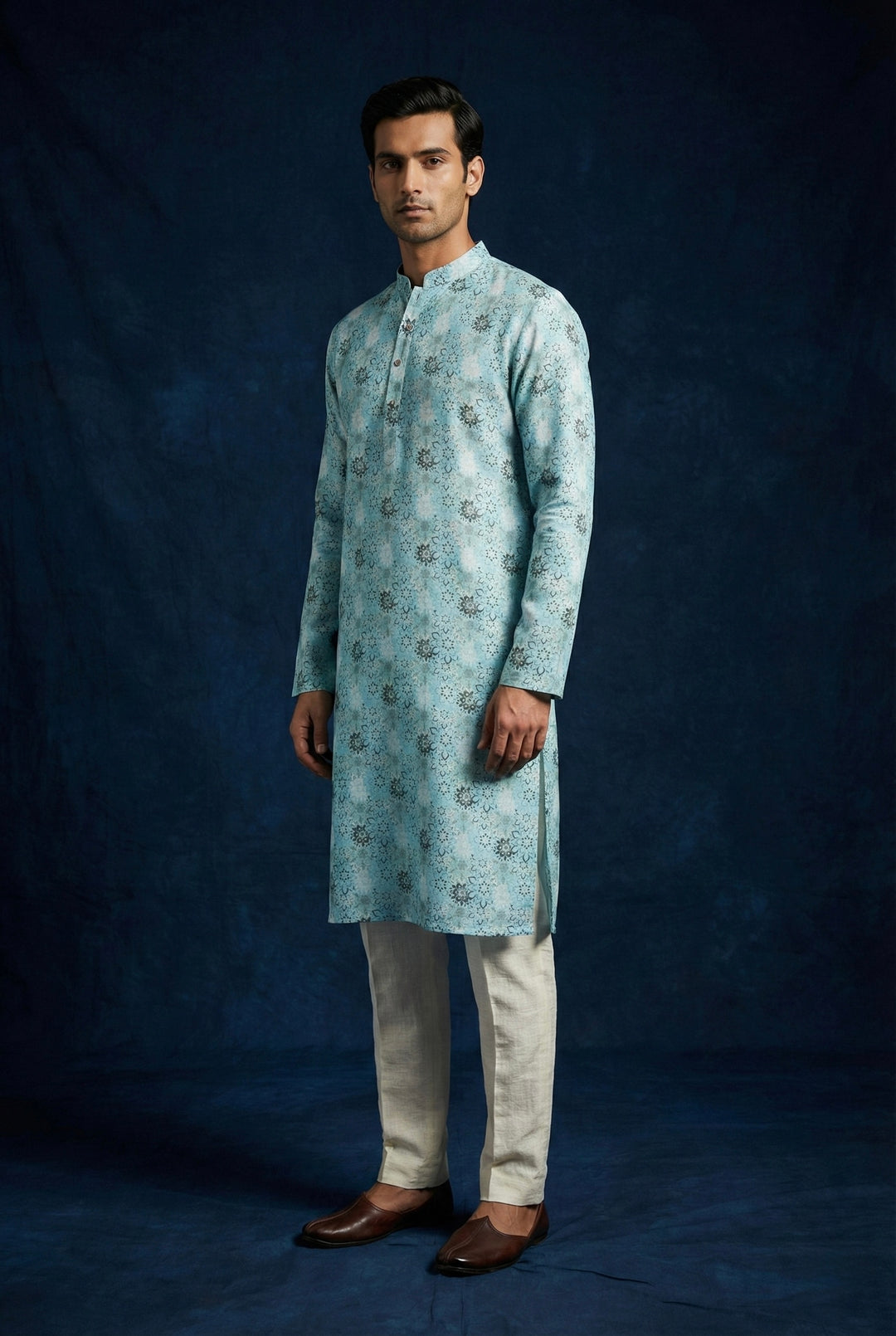 Abees Blue linen printed kurta for men - front view