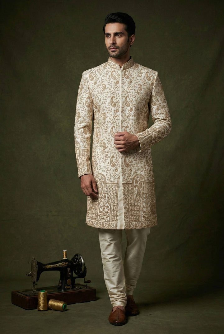 Abees White art silk zardosi sherwani set - front view