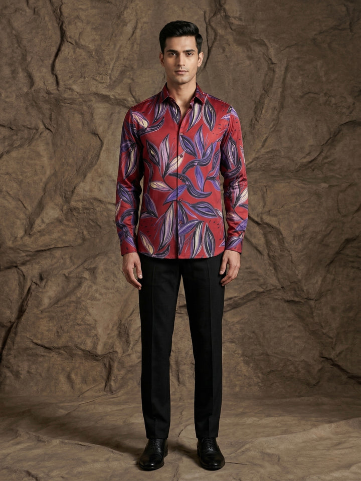 Red Tropical Leaf Print Premium Shirt