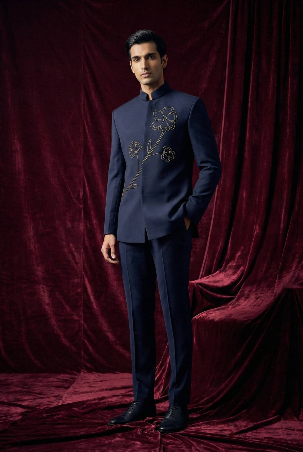 Abees Blue floral embroidered bandhgala suit - front view