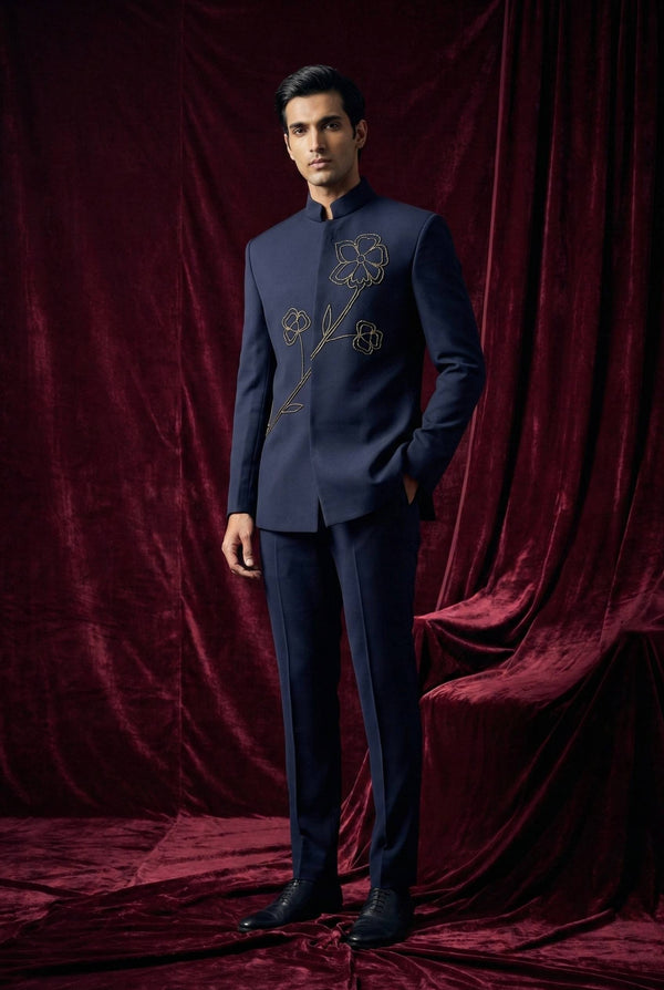 Abees Blue floral embroidered bandhgala suit - front view
