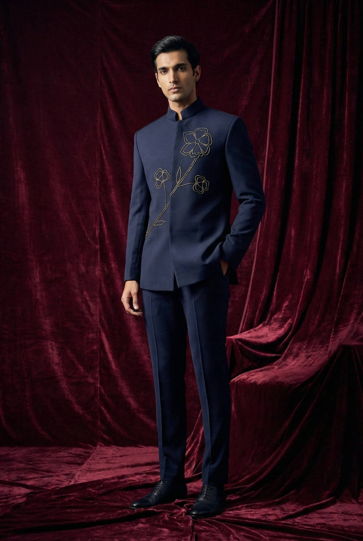 Abees Blue floral embroidered bandhgala suit - front view