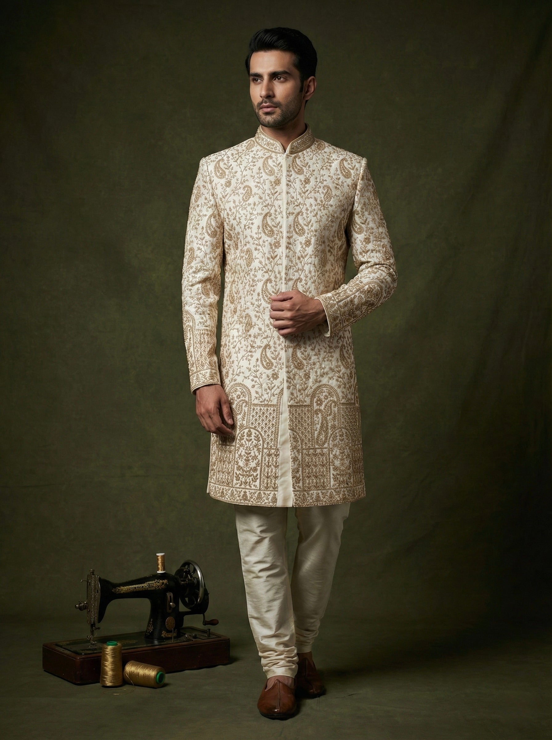 Royal Ivory Zari Embroidered Sherwani Set for Men