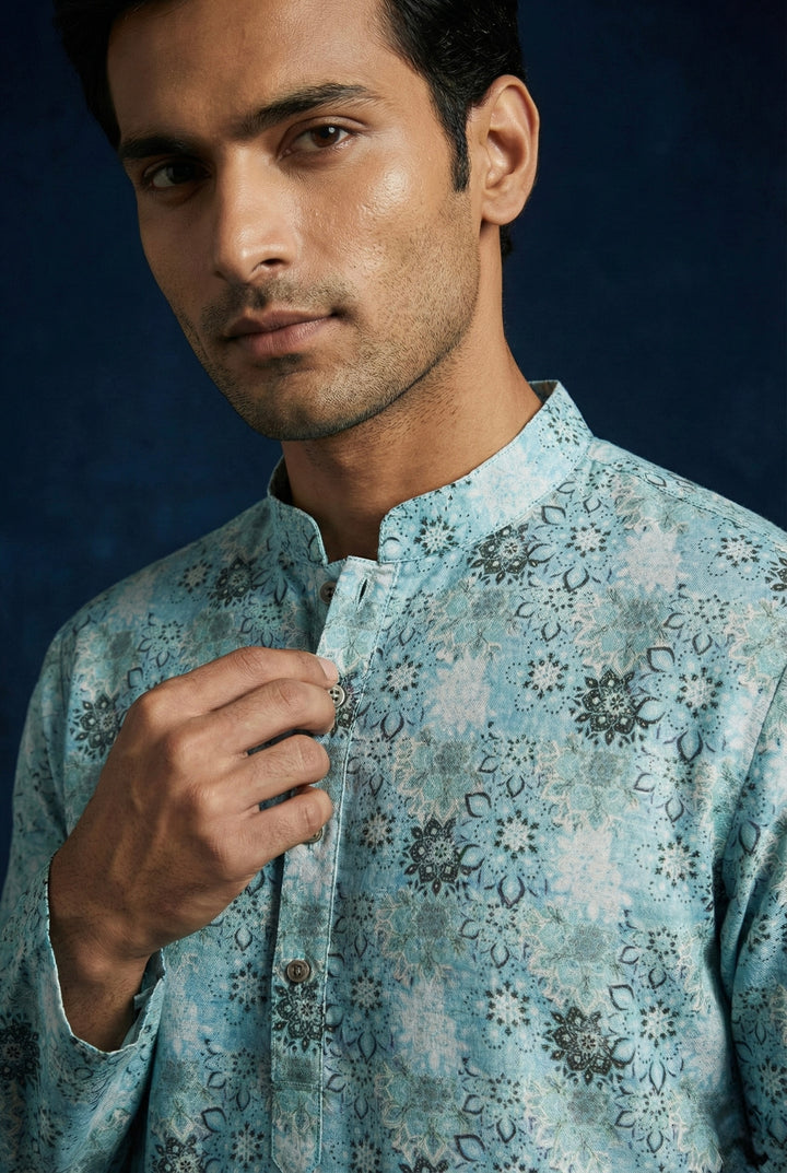 Abees Blue linen printed kurta for men - back view