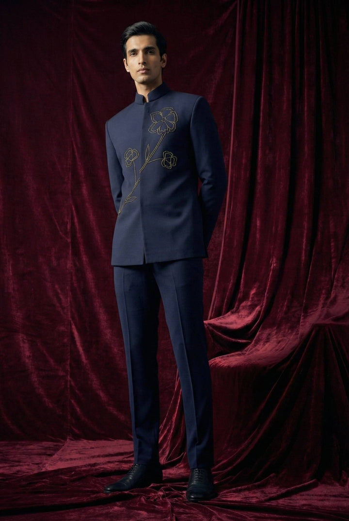 Abees Blue floral embroidered bandhgala suit - back view