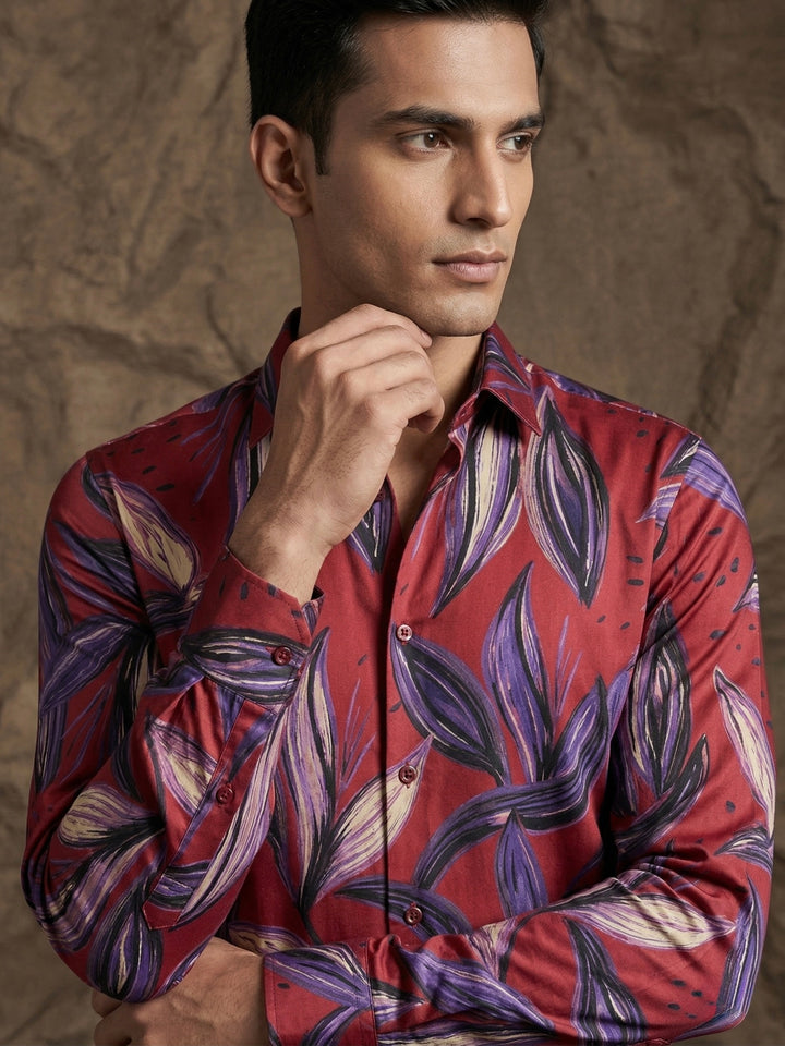 Red Tropical Leaf Print Premium Shirt